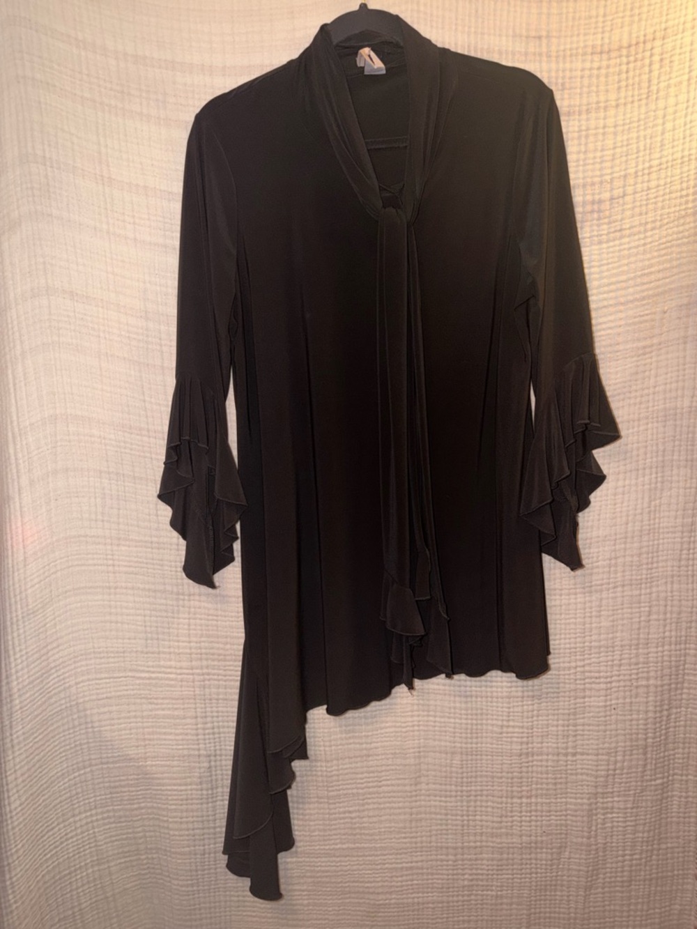 Asymmetrical Elegant Whimsy Goth Black Ruffle Sleeve Blouse with Neck Tie-XL-D